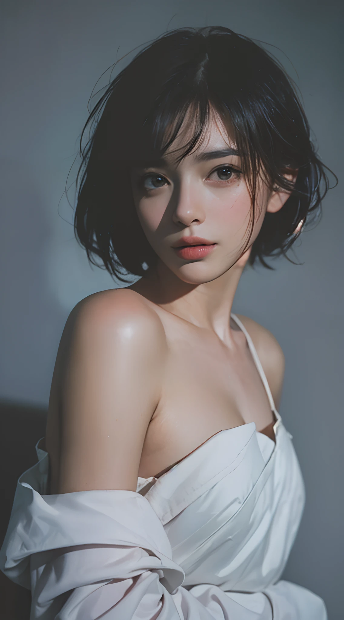 Best quality, masterpiece, ultra high res, (photorealistic:1.5), raw photo, 1girl, offshoulder, in the dark, deep shadow, low key, cold light, sexy look, short hair