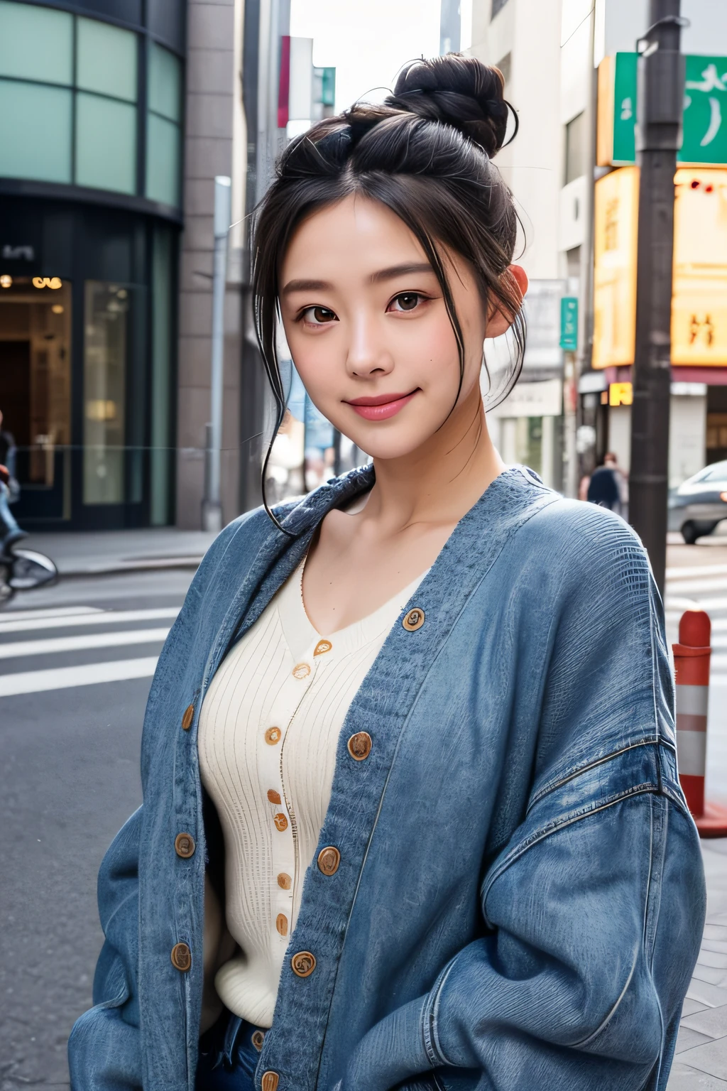 maturefemale,Medium, Awkward lips, Naughty face, Downtown Tokyo, cloud, maternal, Chic、(Denim jeans、turtle necked sweater、Cardigan)、masterpiece、top-quality、The ultra -The high-definition、(Braided curly hair,Bun1)、With smiling eyes