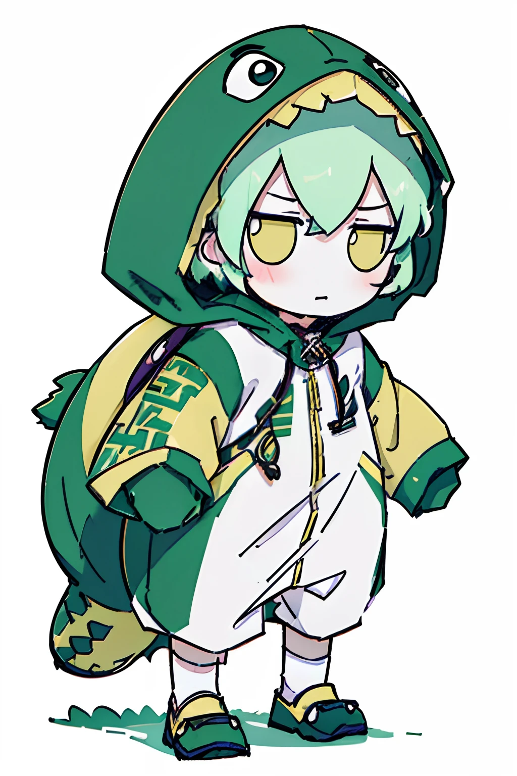 pencil sketch, girl wear a dinosaur costume, Full body view, anime, solo girl, shy expression, blushing cheeks, (white and light green hair), (yellow eyes)