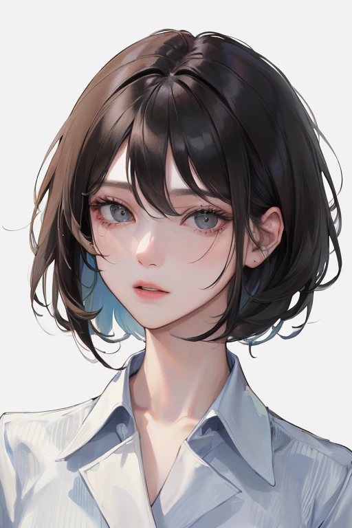 (Top resolution、Distinct_image)top-quality、femele、​masterpiece、ighly detailed、Semi-realistic、Black short hair、Dark hair、grey  eyes、bangss、25-years old、Mature、年轻、Exquisite facial features、Facial features,Casual clothing、Nurse、healthcare