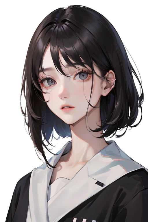 (Top resolution、Distinct_image)top-quality、femele、​masterpiece、ighly detailed、Semi-realistic、Black short hair、Dark hair、grey  eyes、bangss、25-years old、Mature、年轻、Exquisite facial features、Facial features,Casual clothing、Nurse、healthcare