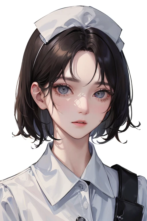 (Top resolution、Distinct_image)top-quality、femele、masterpiece、ighly detailed、Semi-realistic、Black short hair、Dark hair、grey eyes、bangss、25-years old、Mature、年轻、Exquisite facial features、Facial features,Casual clothing、Nurse、healthcare
