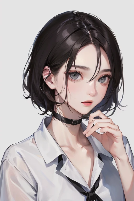(Top resolution、Distinct_image)top-quality、femele、masterpiece、ighly detailed、Semi-realistic、Black short hair、Dark hair、grey eyes、bangss、25-years old、Mature、年轻、Exquisite facial features、Facial features,Casual clothing、Nurse、healthcare