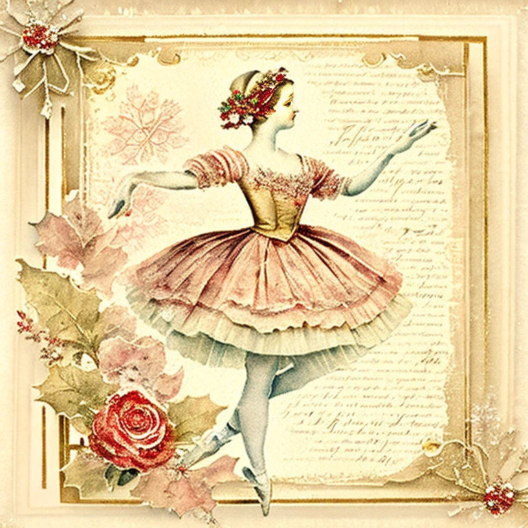 christmas theme  antique vintage card, dancing ballet, winter flowers, gentle winter background, snowflakes, vintage roses with leaves, old paper,  old newspaper, lace, watercolor, craquelure, scrapbook, floral frame, gold foil