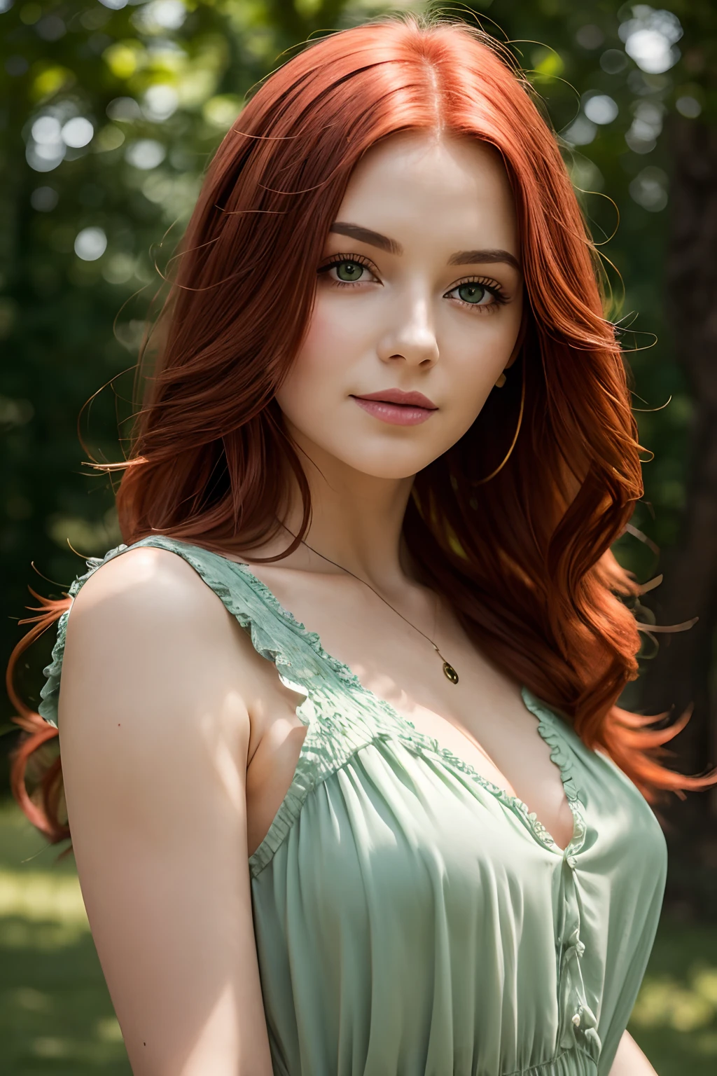 impressionism, HD, (best detail) (Best Quality), Red-haired woman posing for photo with long red hair and green dress, Mature & Gorgeous, Natural light and shade