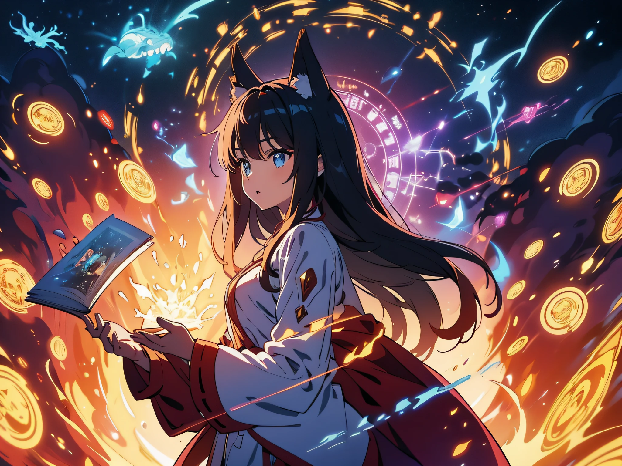 masterpiece, In a world where magic and technology exist side by side, a young nekomimi (black hair, long hair) sets out on a journey to hone their skills and uncover the secrets of their powers, beautiful eyes finely detailed. Along the way, they meet a diverse cast of characters, including other mages, robots, and creatures from beyond their world. As they travel through fantastical lands and face incredible challenges, the mage must learn to harness the full potential of their abilities and unlock the true potential of magic in the modern age.