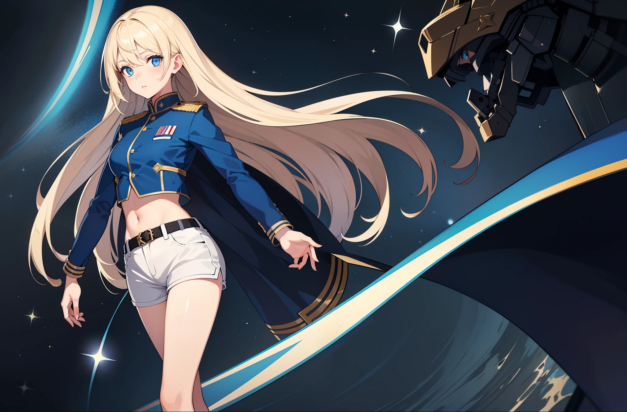 1 girl, masterpiece, best quality, detailed eyes, sparkling eyes, beautiful hands, highly detailed hands, straight hands, shiny skin, shiny hair, blue eyes, light blonde hair, tall, long hair, straight hair, full body, best quality, shiny skin, shiny hair, sweaty, shorts, military jacket, midriff, standing,