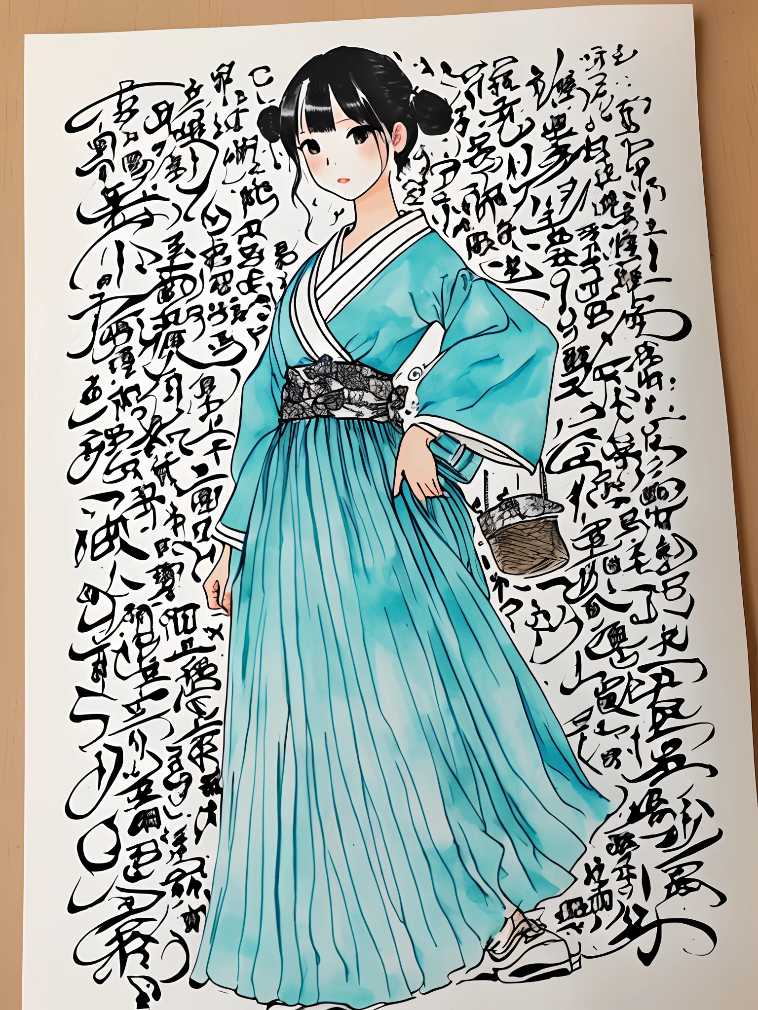 pen、ink、Personification of calligraphy、cyan colors、Japanese dress