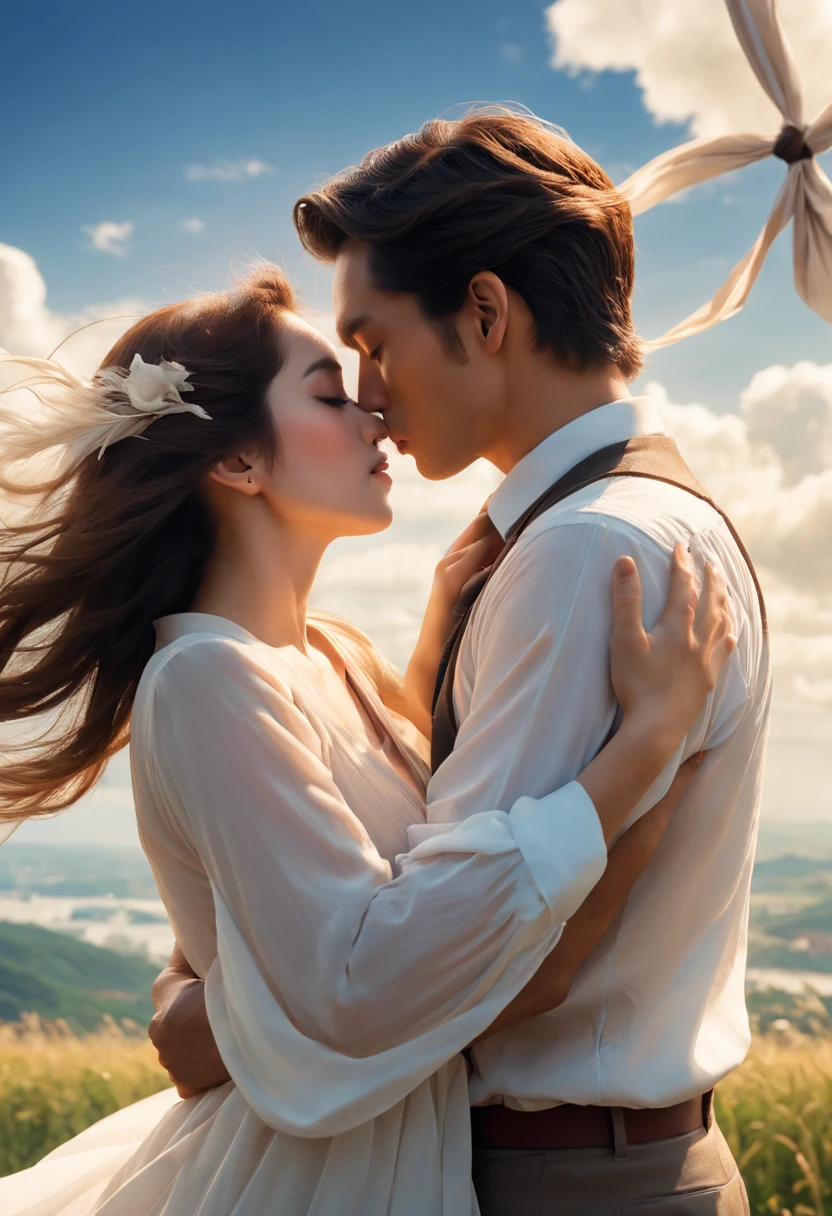 Romantic couple kissing in the wind,filmposter,poster for,charact,Huge, Eye-catching headline text,English text, Badge in English, The title is in English, English text, English kanji