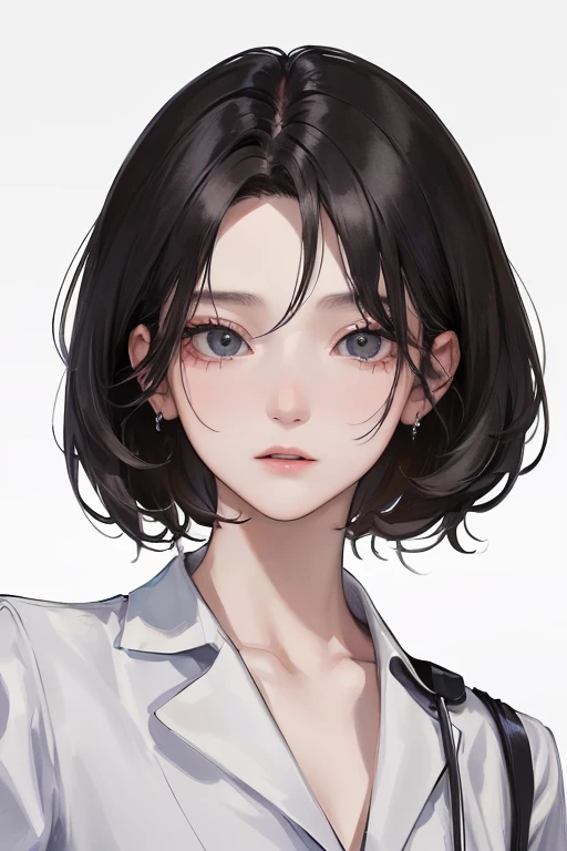 (Top resolution、Distinct_image)top-quality、femele、masterpiece、ighly detailed、Semi-realistic、Black short hair、Dark hair、grey eyes、bangss、25-years old、Mature、年轻、Exquisite facial features、Facial features,Casual clothing、Nurse、healthcare