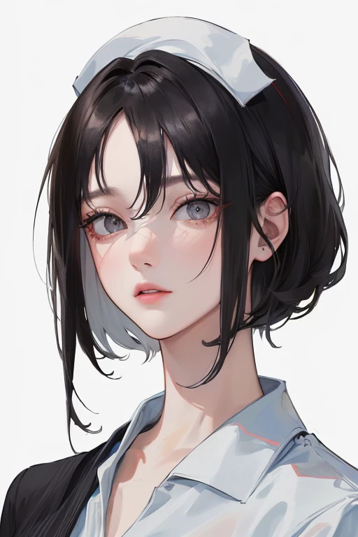 (Top resolution、Distinct_image)top-quality、femele、masterpiece、ighly detailed、Semi-realistic、Black short hair、Dark hair、grey eyes、bangss、25-years old、Mature、年轻、Exquisite facial features、Facial features,Casual clothing、Nurse