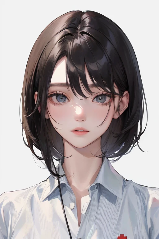 (Top resolution、Distinct_image)top-quality、femele、masterpiece、ighly detailed、Semi-realistic、Black short hair、Dark hair、grey eyes、bangss、25-years old、Mature、年轻、Exquisite facial features、Facial features,Casual clothing、Nurse