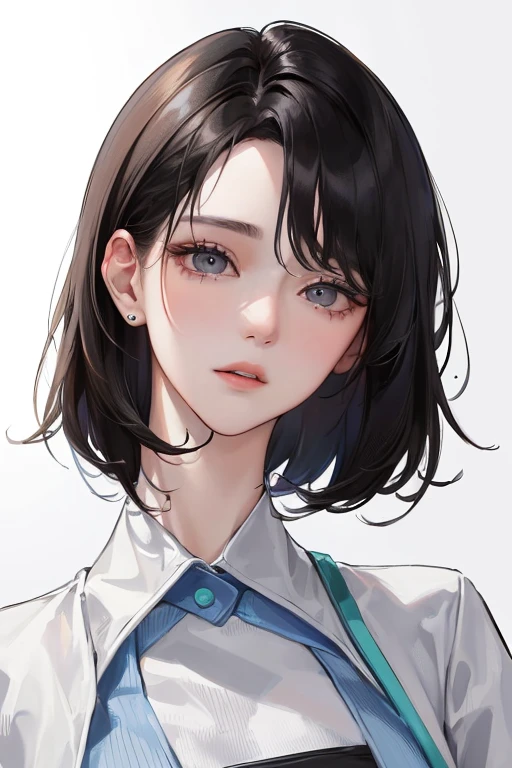 (Top resolution、Distinct_image)top-quality、femele、masterpiece、ighly detailed、Semi-realistic、Black short hair、Dark hair、grey eyes、bangss、25-years old、Mature、年轻、Exquisite facial features、Facial features,Casual clothing、Nurse