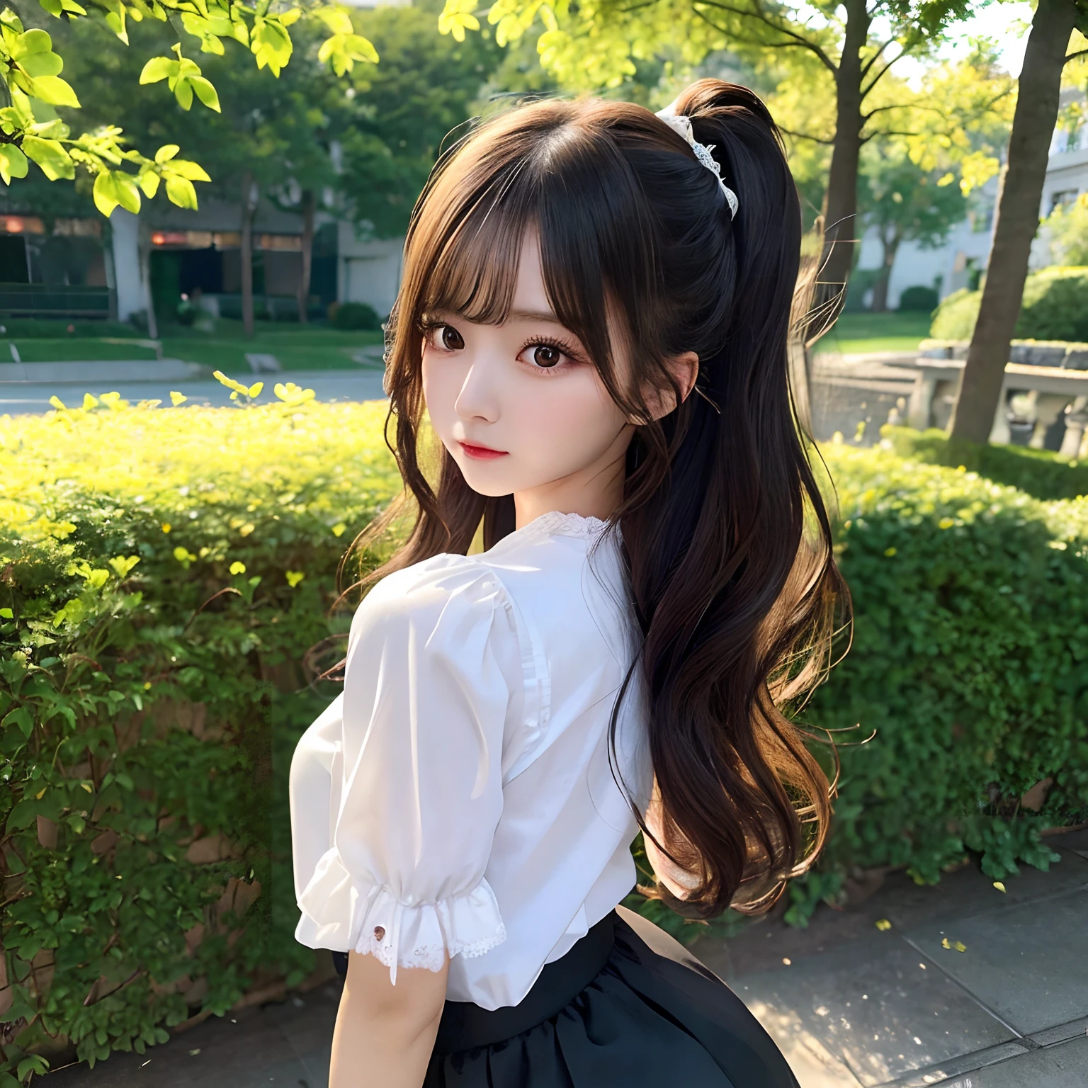 hight resolution,masutepiece,Best Quality,Extremely detailed, hyper realisitic, girl with, from below, full body, hair wavy, Black lace skirt, white shirt,arms Avert your eyes, profile, Very beautiful cute,a miniskirt, 8K Wallpaper, Fine detail, Very detailed 8k wallpaper