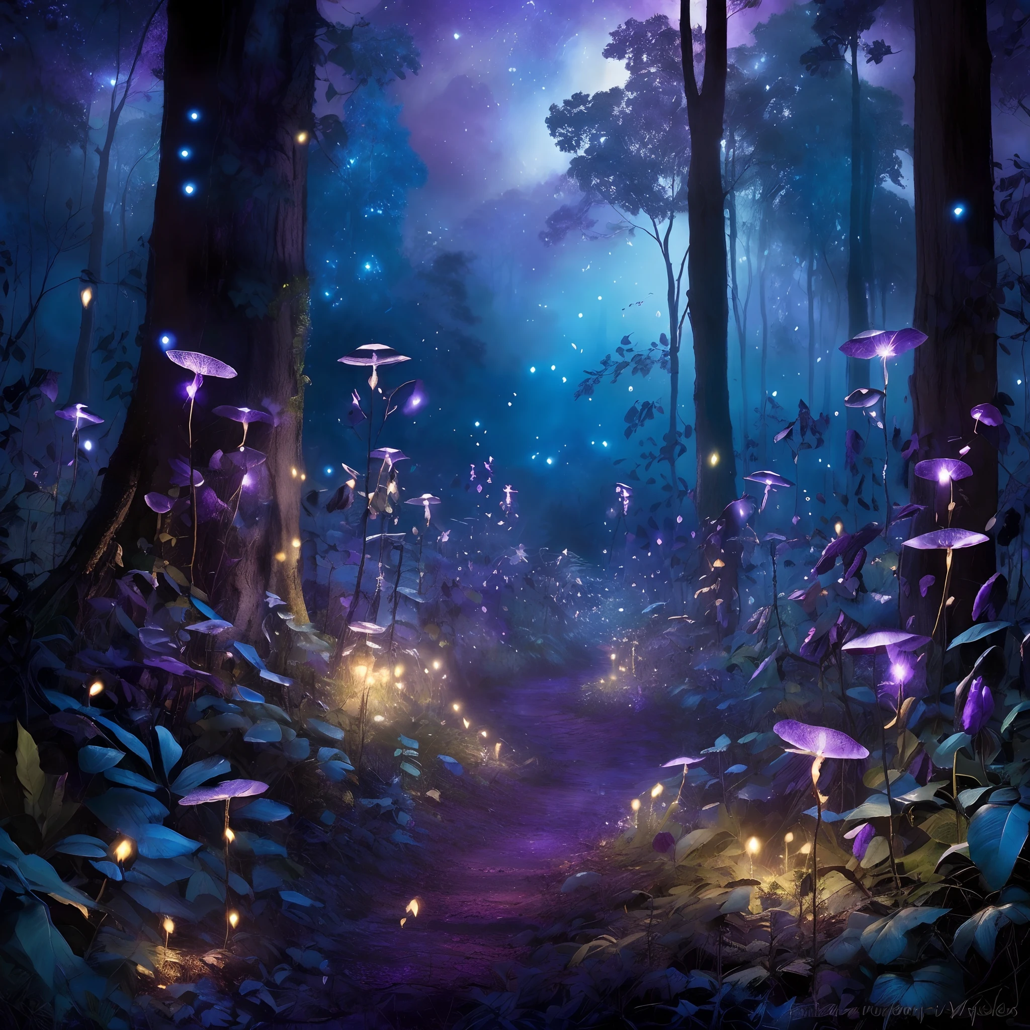purple and blue forest with fireflies and trees at night, magic fairy forest, magical forest backround, enchanted magical fantasy forest, magical forest with fireflies, enchanted and magic forest, magical fantasy forest, magical forest, magic forest, very magical and dreamy, in a magical forest, in the magical forest, magical environment, magical concept art, fairy atmosphere