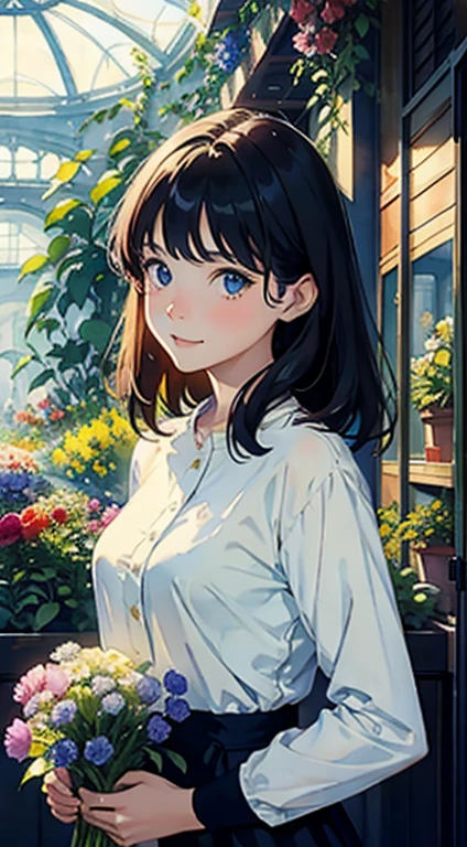 (top-quality、​masterpiece)、((Watercolor in Sargent style))、(David Hamilton Style)、(softfocus)、Soft light、Indoor Botanical Garden、dome、lots of flower、High-density mass plant、The landscape in the background is a garden with petals and papas flying around、One woman is taking care of a flower、20yr old、cute  face、A smile、