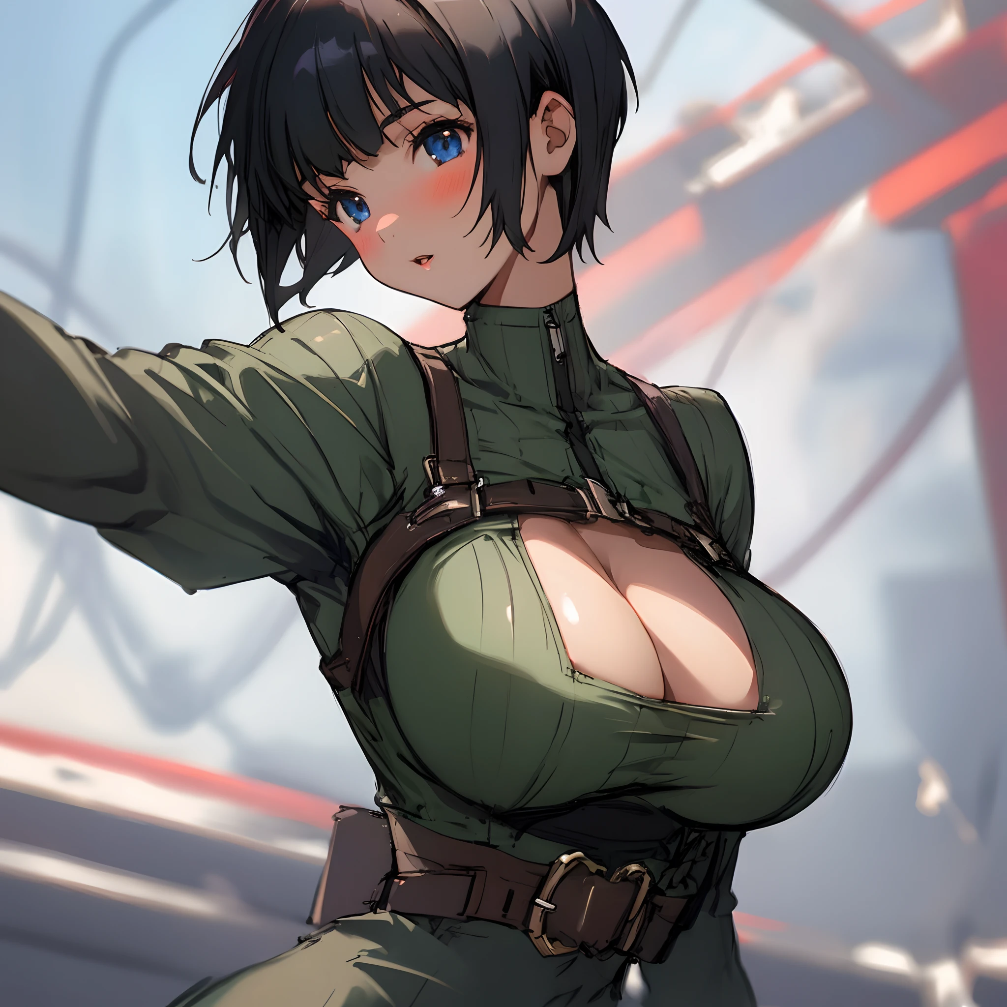 Young girl with short hair and big breasts