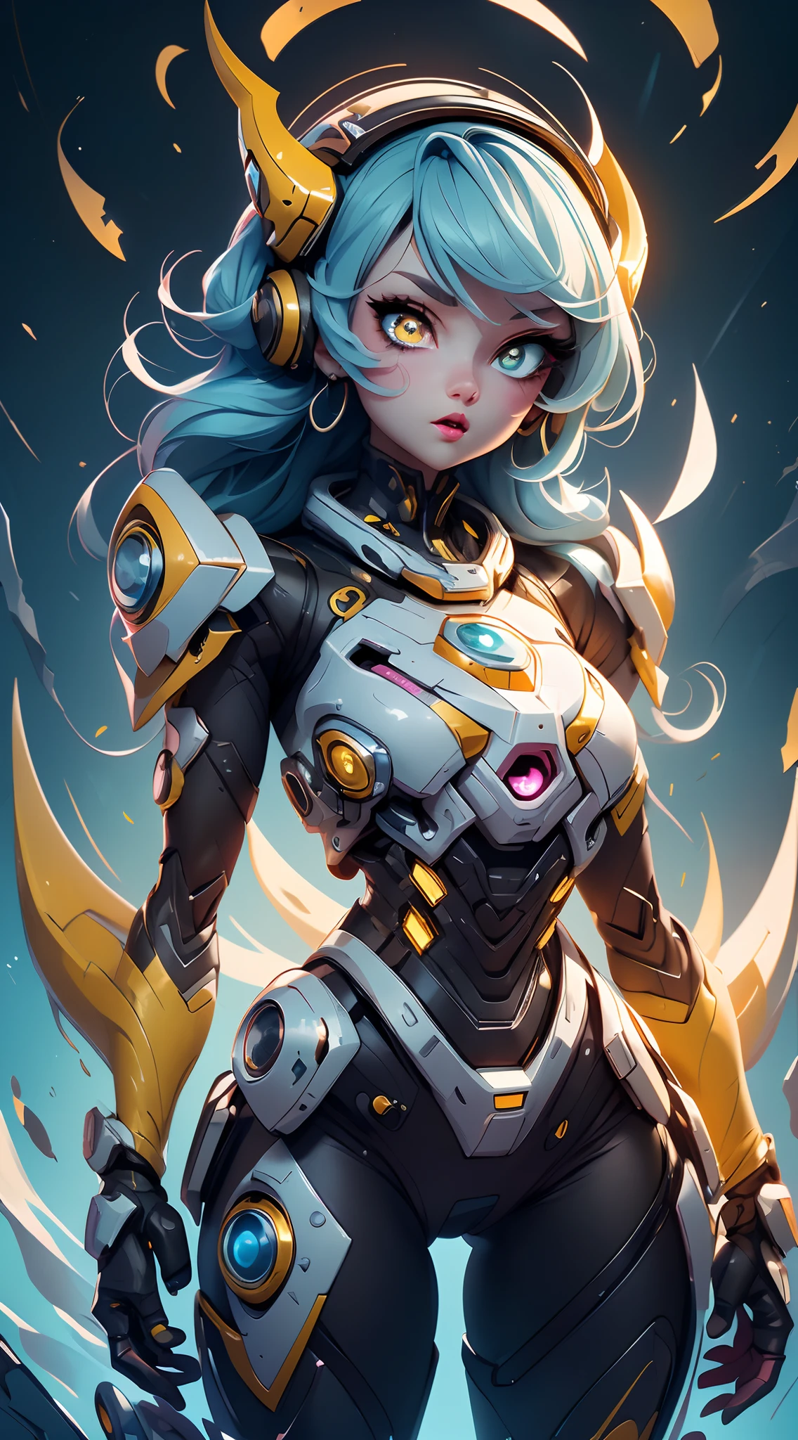A fantz monster design, Cute robot in the cake shop [style-rustmagic]，female robot，Maid robot，Half-human, Cyborgs，Working in a cake shop，tray， (((Light blue and yellow heterochromic eyes))), Perfect lips and a half-open mouth, The girl floats in the void of the nebula, Tied to a cable around her waist, {Extremely detailed 16k CG unit wallpaper}, Expansive landscape photography, (down view，Focus on the characters and the wide open space), (Broaden your horizons), (high-angle shot) , (high light: 1.5), (Low light: 1.2), (Warm light source: 1.7), Complex details, (Iridescent colors: 1.8), (Bright lighting), (Atmospheric lighting), Dreamy, Aesthetic,