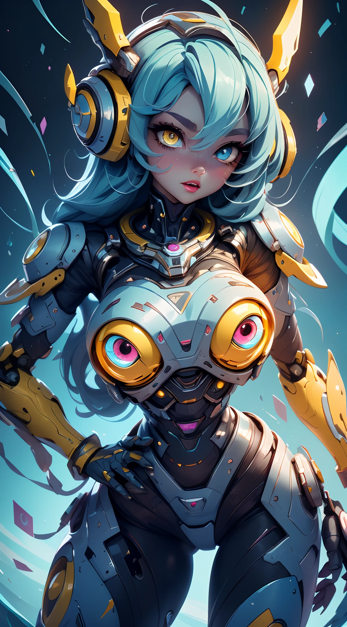 A fantz monster design, Cute robot in the cake shop [style-rustmagic]，female robot，Maid robot，Half-human, Cyborgs，Working in a cake shop，tray， (((Light blue and yellow heterochromic eyes))), Perfect lips and a half-open mouth, The girl floats in the void of the nebula, Tied to a cable around her waist, {Extremely detailed 16k CG unit wallpaper}, Expansive landscape photography, (down view，Focus on the characters and the wide open space), (Broaden your horizons), (high-angle shot) , (high light: 1.5), (Low light: 1.2), (Warm light source: 1.7), Complex details, (Iridescent colors: 1.8), (Bright lighting), (Atmospheric lighting), Dreamy, Aesthetic,