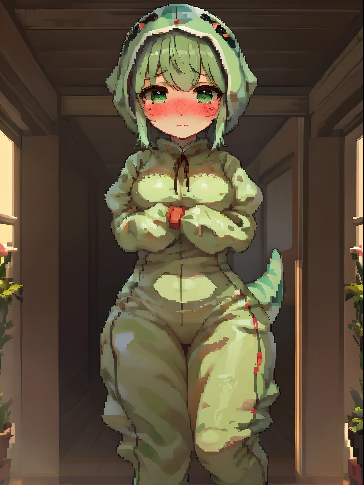 best quality,ultra-detailed,realistic,anime,fullbody view,pixel art anime style,solo girl,shy expression,blushing cheeks,cute kawaii style,white and light green hair,green dinosaur costume
