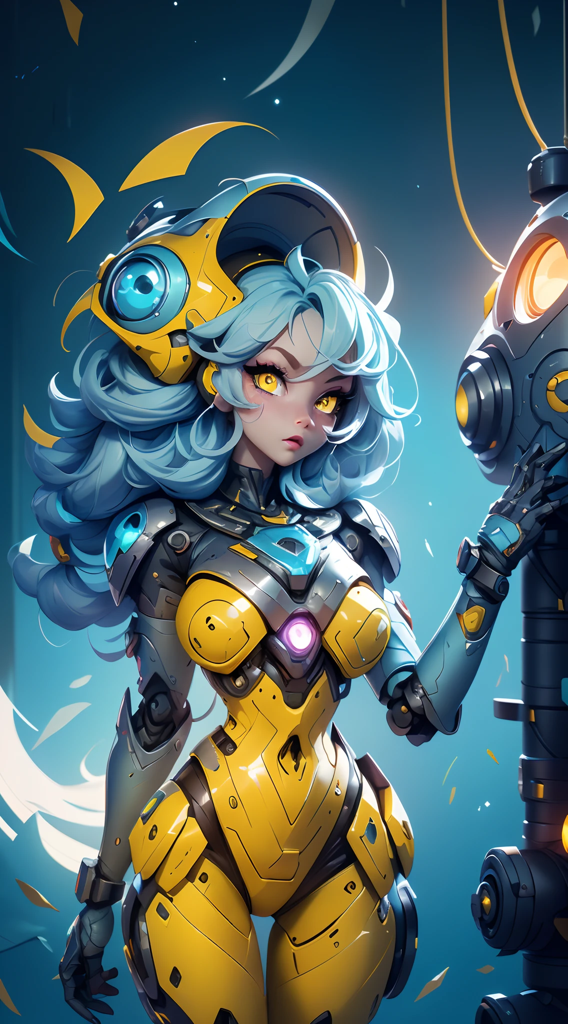 A fantz monster design, Cute robot in the cake shop [style-rustmagic]，female robot，Maid robot，Half-human, Cyborgs，Working in a cake shop，tray， (((Light blue and yellow heterochromic eyes))), Perfect lips and a half-open mouth, The girl floats in the void of the nebula, Tied to a cable around her waist, {Extremely detailed 16k CG unit wallpaper}, Expansive landscape photography, (down view，Focus on the characters and the wide open space), (Broaden your horizons), (high-angle shot) , (high light: 1.5), (Low light: 1.2), (Warm light source: 1.7), Complex details, (Iridescent colors: 1.8), (Bright lighting), (Atmospheric lighting), Dreamy, Aesthetic,