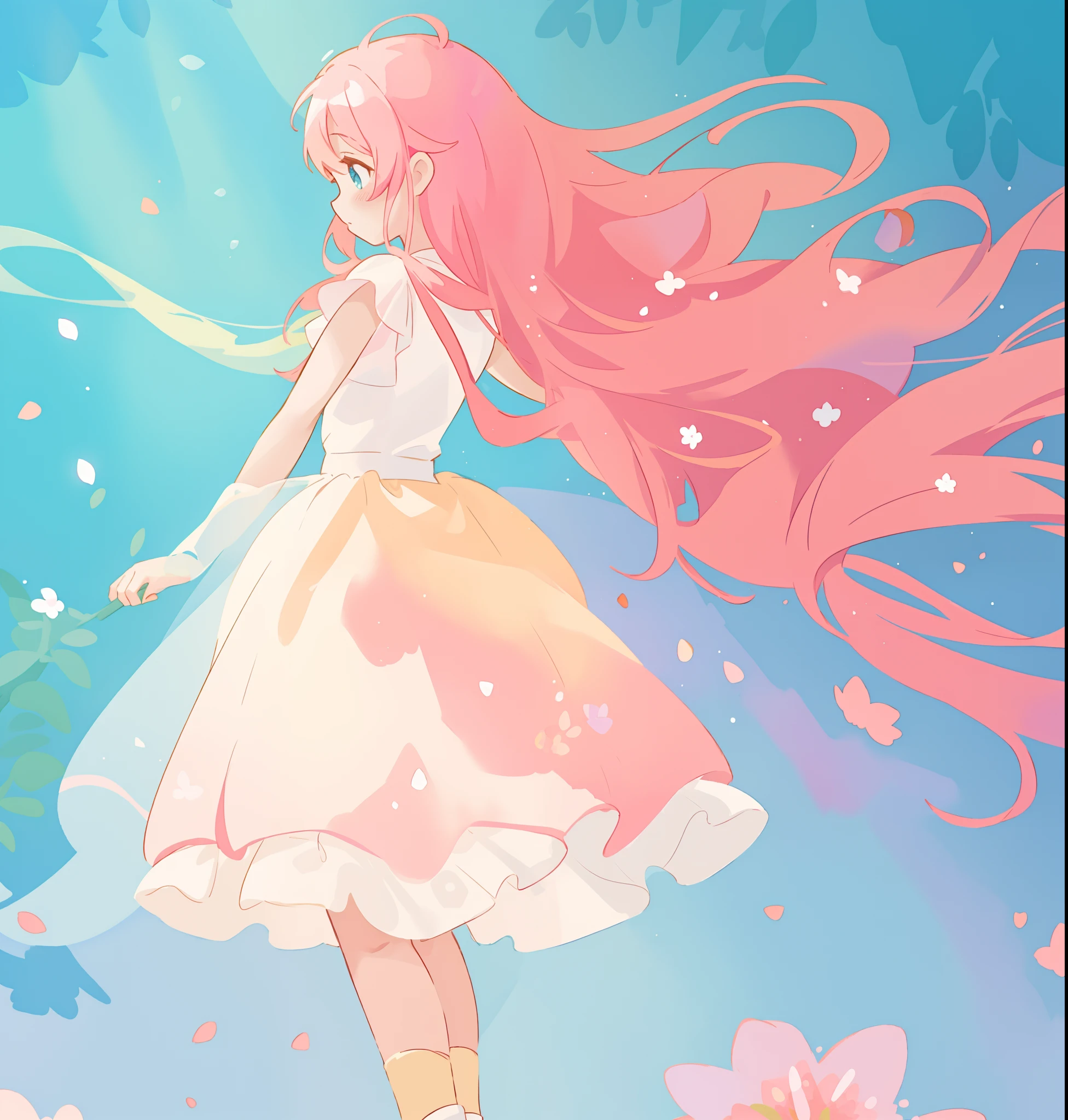 beautiful girl in white puffy tutu dress, long flowing pink peach hair, colorful fantasia background, watercolor illustration, disney art style, beautiful digital illustration, fantasia otherworldly landscape plants flowers, beautiful, masterpiece, best quality, anime disney style