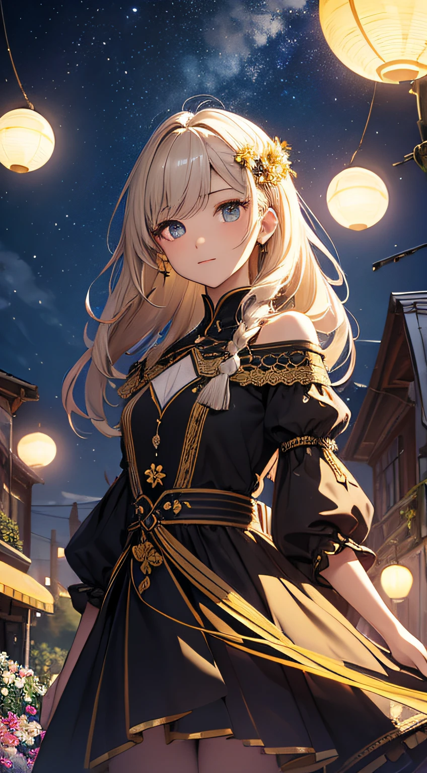 masterpiece、Background with((kosmos、meteors、black hole、Fantastic flower garden emitting light))、About 20 years old、a beauty girl、Great embroidery on a yellow dress、hair adornments