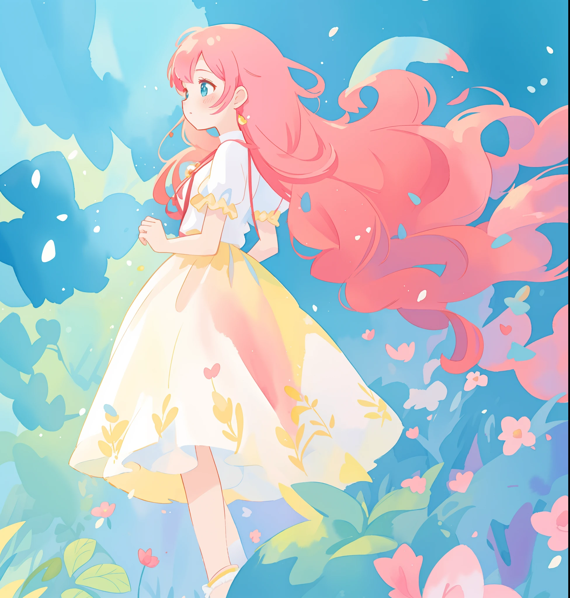 beautiful girl in white puffy tutu dress, long flowing pink peach hair, colorful fantasia background, watercolor illustration, disney art style, beautiful digital illustration, fantasia otherworldly landscape plants flowers, beautiful, masterpiece, best quality, anime disney style