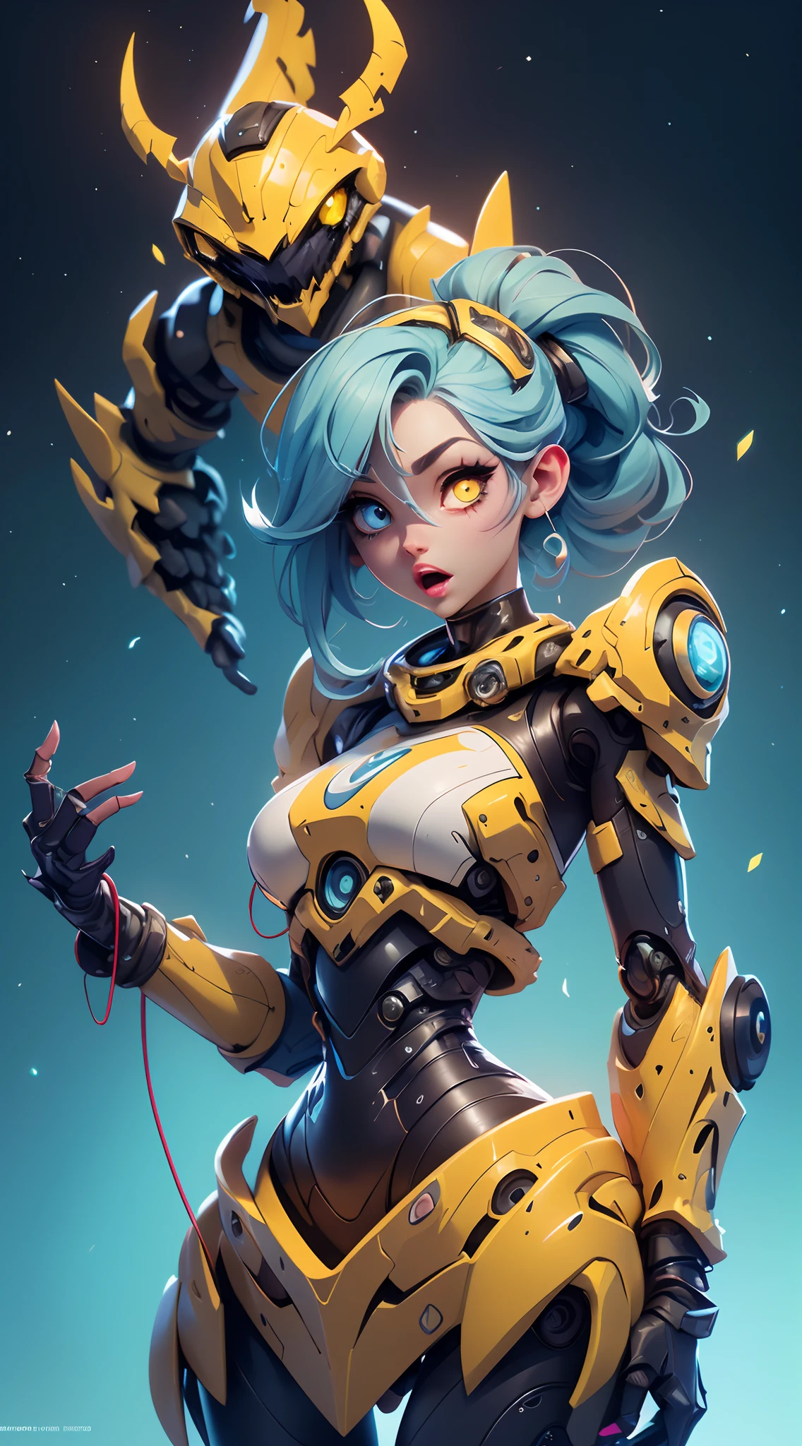 A fantz monster design, Cute robot in the cake shop [style-rustmagic]，female robot，Maid robot，Half-human, Cyborgs，Working in a cake shop，tray， (((Light blue and yellow heterochromic eyes))), Perfect lips and a half-open mouth, The girl floats in the void of the nebula, Tied to a cable around her waist, {Extremely detailed 16k CG unit wallpaper}, Expansive landscape photography, (down view，Focus on the characters and the wide open space), (Broaden your horizons), (high-angle shot) , (high light: 1.5), (Low light: 1.2), (Warm light source: 1.7), Complex details, (Iridescent colors: 1.8), (Bright lighting), (Atmospheric lighting), Dreamy, Aesthetic,