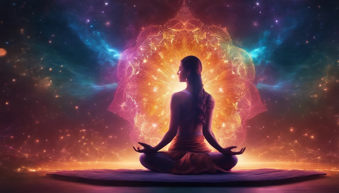Create a vibrant and dynamic thumbnail featuring a human figure in profile, seated in a meditative pose with eyes closed. The figure is surrounded by a glowing aura that radiates light and energy, symbolizing vibrational energy. Surrounding the figure are concentric waves or circles of energy, visually representing vibrations emanating from the body. The background is a cosmic scene with a deep, starry sky, suggesting a connection to the universe. Subtle waves of sound and beams of colored light are dispersed throughout the background, emphasizing the concept of vibrations in various forms. Use rich, contrasting colors, such as blues, purples, and golds, to create a sense of spirituality and energy. The overall mood is peaceful yet powerful. No text is included in the image.