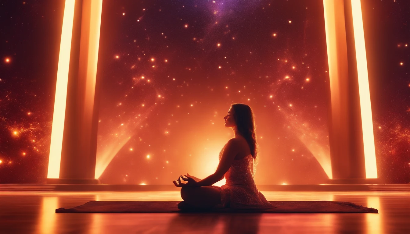 a pregirl,Meditate cross-legged, at centre,Very bright colors, Light particles, with light glowing, Mshiv, wallpaper art, UHD wallpaper