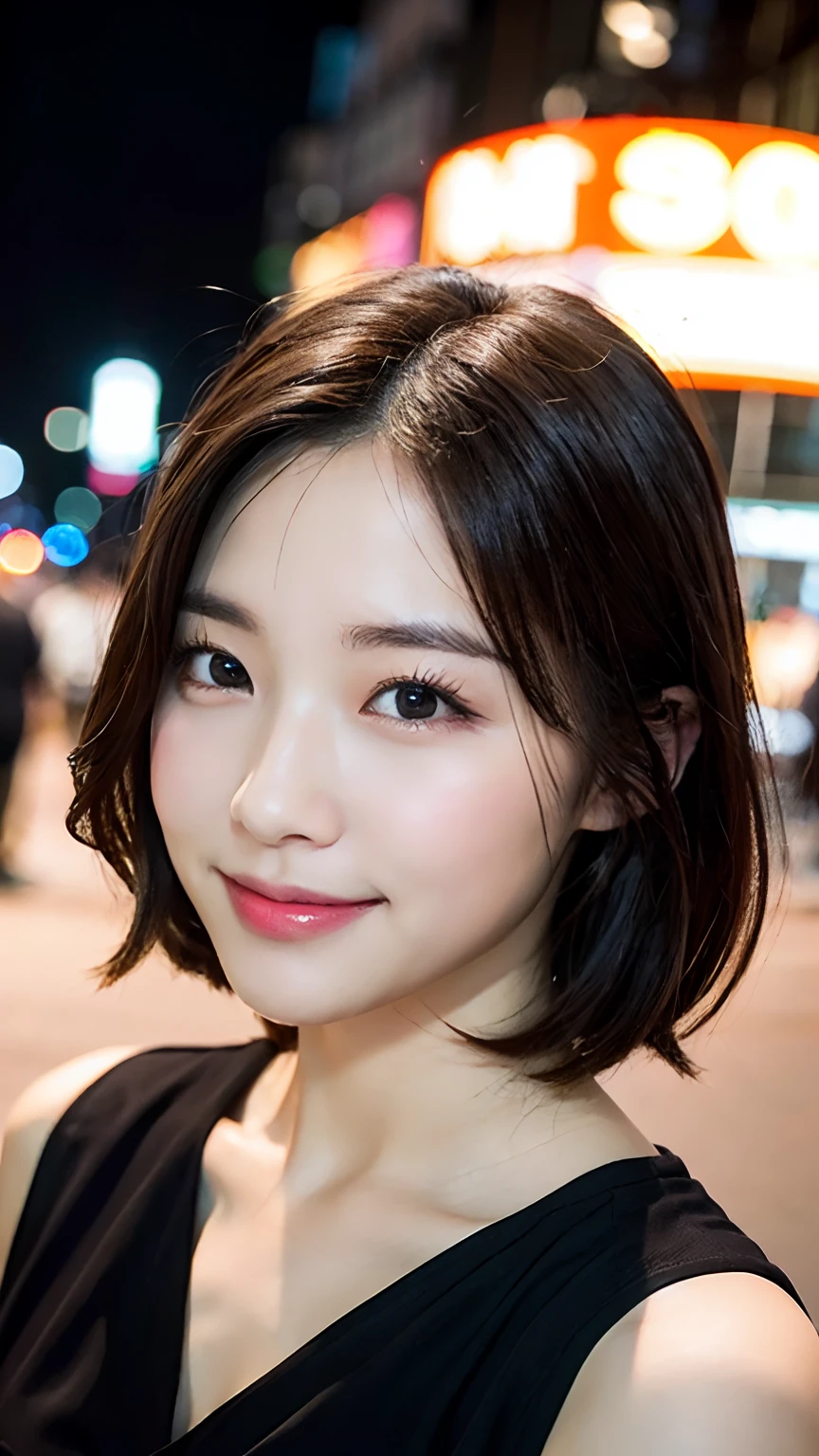 realistic photos of 1 cute Korean star, hair behind ear, white skin, thin makeup, 32 inch breasts size, slightly smile, wearing gray tank top, sitting at outdoor ramen shop, night, upper body portrait, UHD