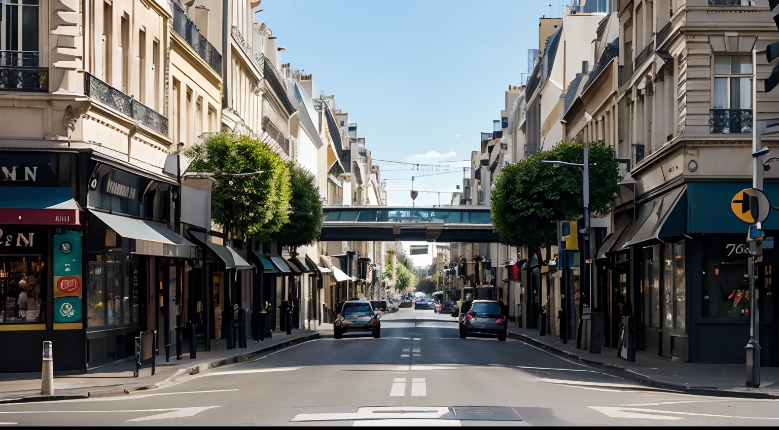 a hyper realistic photography of the Paris-End of Collins Street in Melbourne, Australia, no people, Nikon D850 DSLR 4k camera, 100mm lens, F 1.2 aperture setting, bright and natural lighting, vibrant, fun and relaxing atmosphere