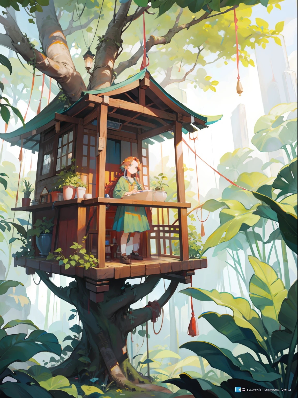 (Piroxim diffusion mode:0.5), Beautiful jungle tree house,Cinematic, (Masterpiece),vibrant
