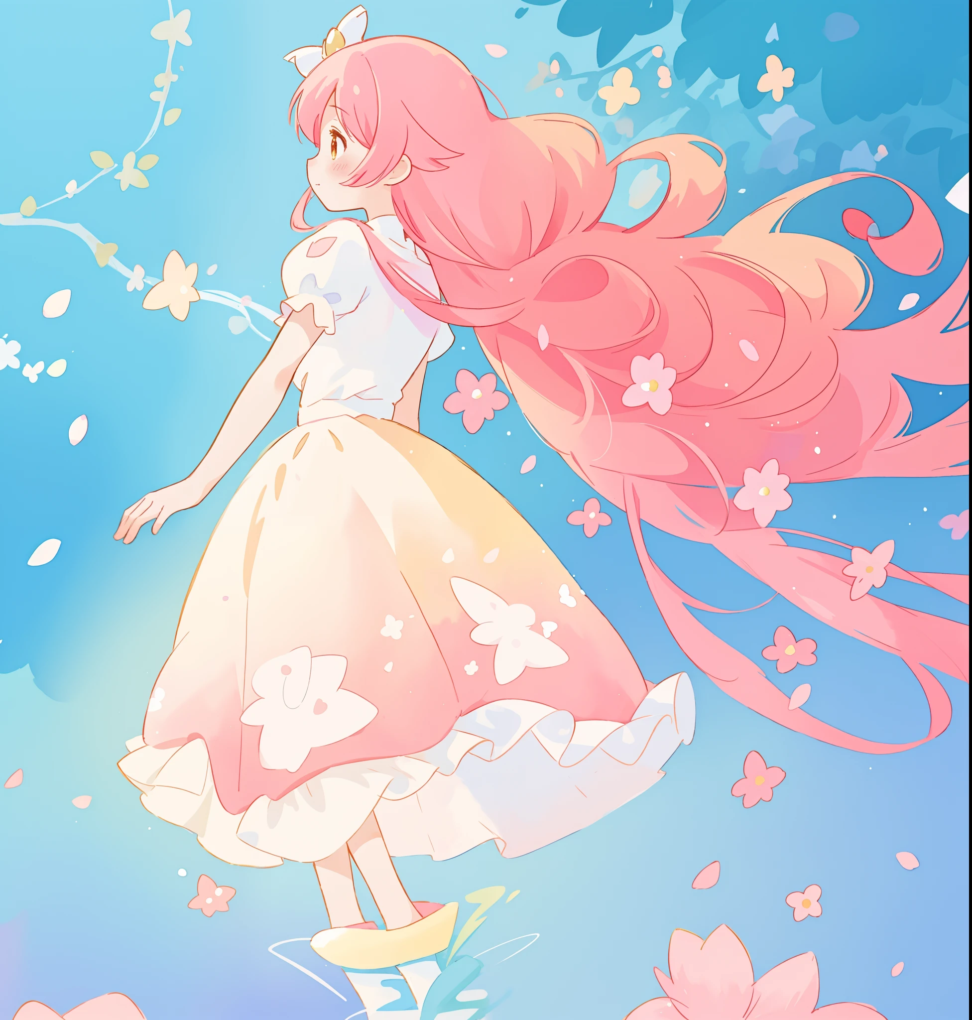 beautiful girl in white puffy tutu dress, long flowing pink peach hair, colorful fantasia background, watercolor illustration, disney art style, beautiful digital illustration, fantasia otherworldly landscape plants flowers, beautiful, masterpiece, best quality, anime disney style