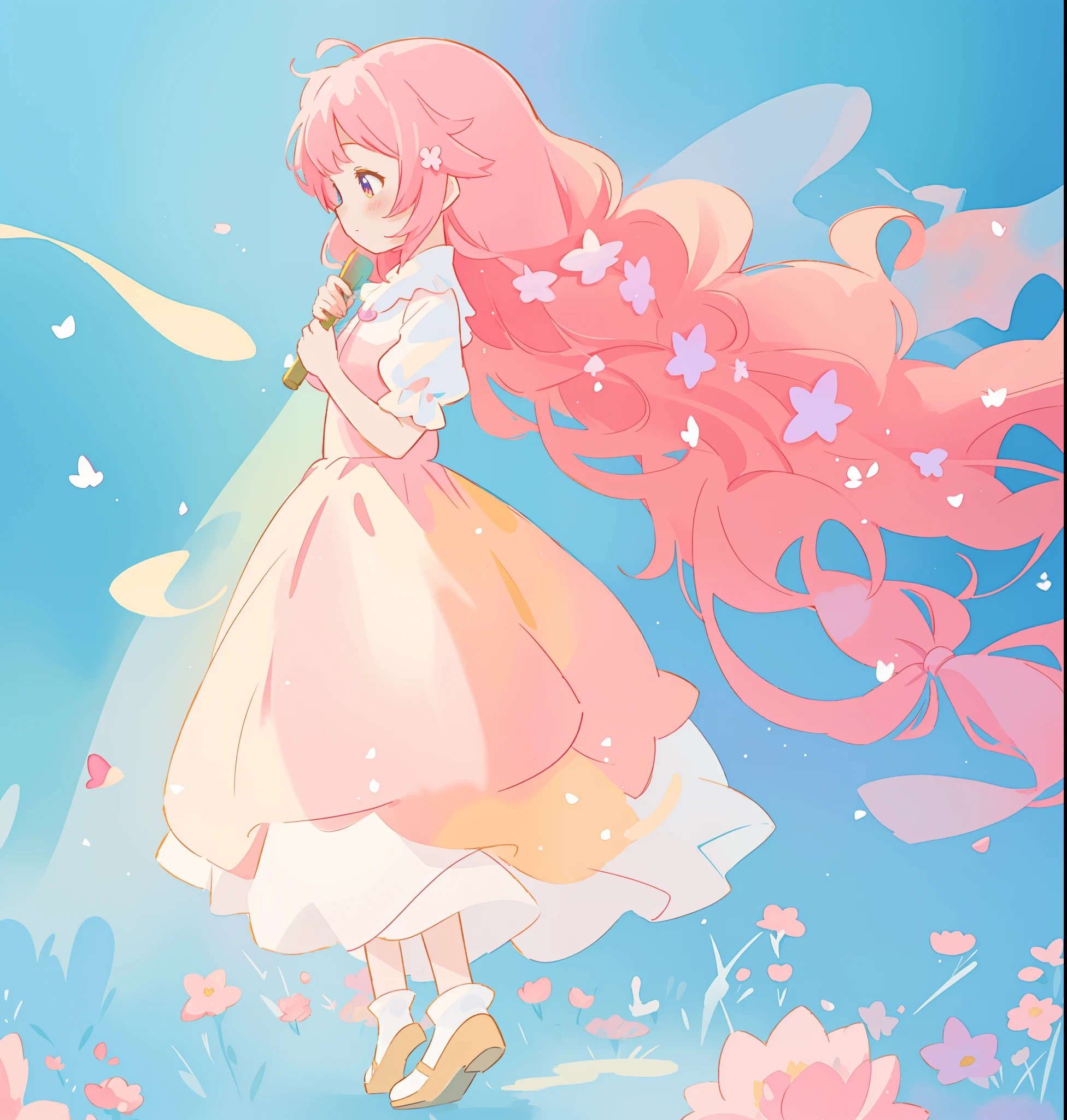 beautiful girl in white puffy tutu dress, long flowing pink peach hair, colorful fantasia background, watercolor illustration, disney art style, beautiful digital illustration, fantasia otherworldly landscape plants flowers, beautiful, masterpiece, best quality, anime disney style