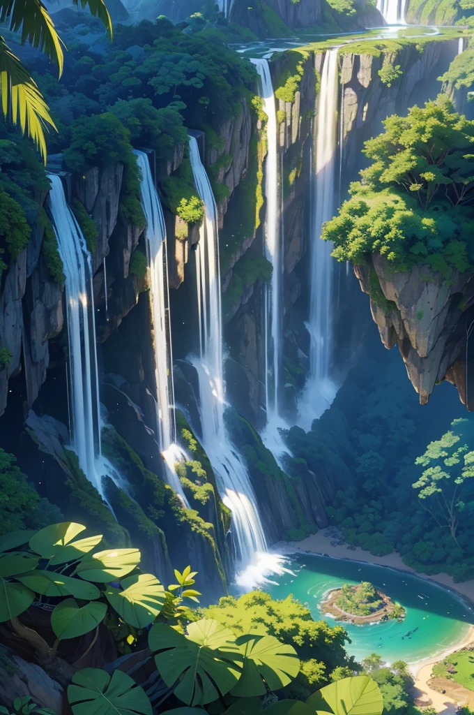 Masterpiece, best quality, (extremely detailed CG unity 8k wallpapers), (best quality), (best illustrations), (best shadows), land suspended in the air with vines on the base , with tropical rainforest on both sides, with waterfalls falling from above, isometric 3D, octane rendering, ray tracing, super detailed
