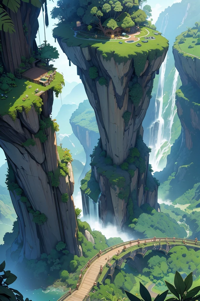 Masterpiece, best quality, (extremely detailed CG unity 8k wallpapers), (best quality), (best illustrations), (best shadows), land suspended in the air with vines on the base , with tropical rainforest on both sides, with waterfalls falling from above, isometric 3D, octane rendering, ray tracing, super detailed