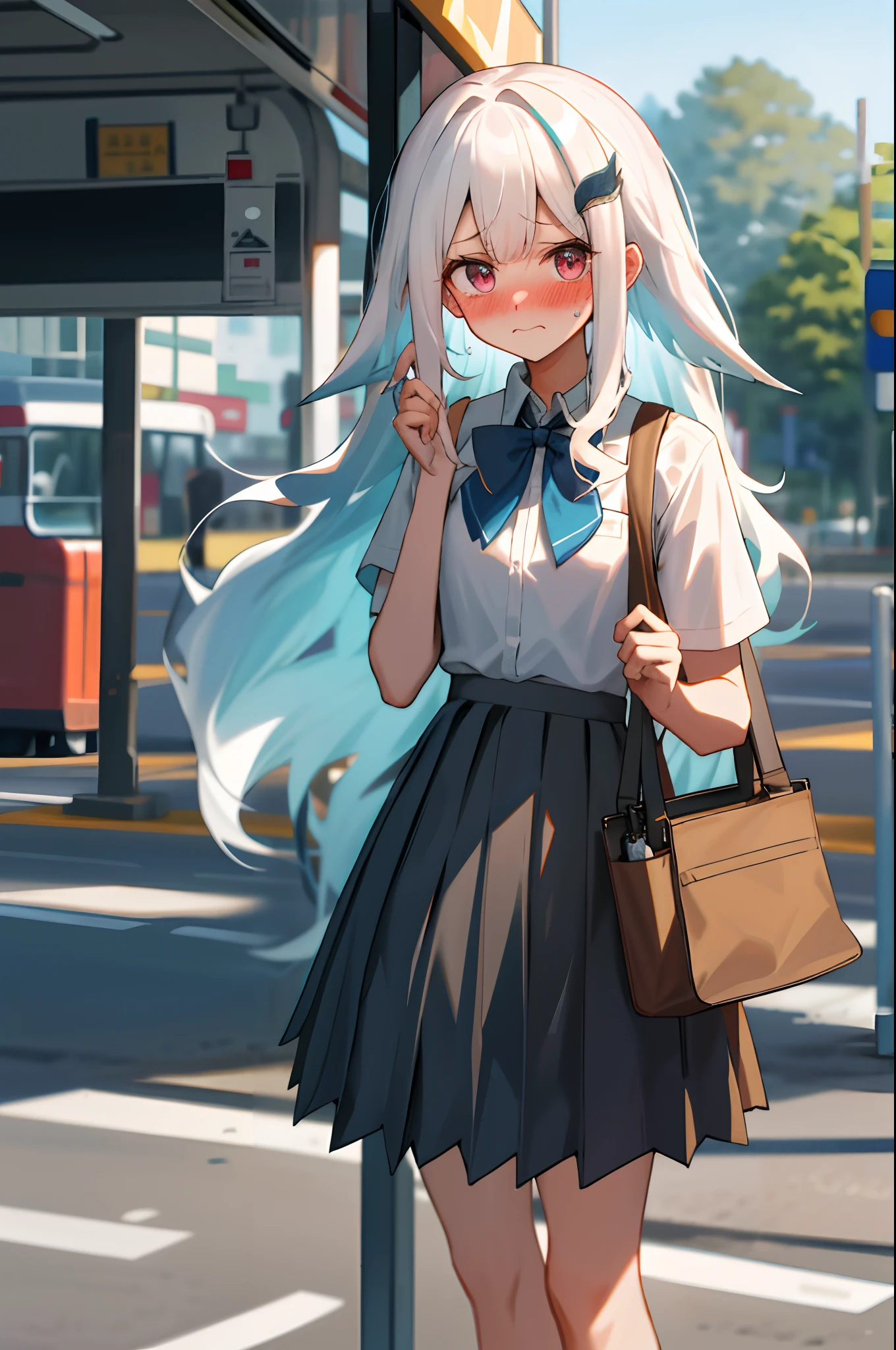 One girl with long wavy hair, white hair, looking at viewer, embarrassed, blushing, tears, outdoor , road, bus stop, busway, white shirts, bow tie, pleated skirt , black skirt, mini skirt, midriff, thigh, perfect waist, bag, noon atmosphere, hair ornament, standing, (embarrassed:1.0)