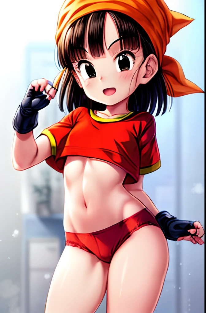 pandballgt,1girl, black eyes, black hair, short hair, orange bandana, (white panties:1.6), fingerless gloves, red shirt, crop top,  female, round butt, open legs