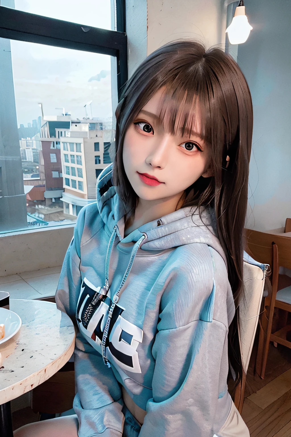 (8K、Raw photography、top-quality、masterpiece:1.2)、(realisitic、Photorealsitic:1.37)、1 girl in、 only、cute little、adolable、(blue eyess)、(Shy smile:0.4)、(独奏)、详细的脸、oval-face、Thin almond eyes、Black hair straight、Hair over one eye、A slender、medium breasts、Grey sweat hoodie、Dramatic Angle、tilt of the head、fluorescent lamp、Inside the coffee shop、Sitting by the window、small head、(Facing the other side)、teens girl