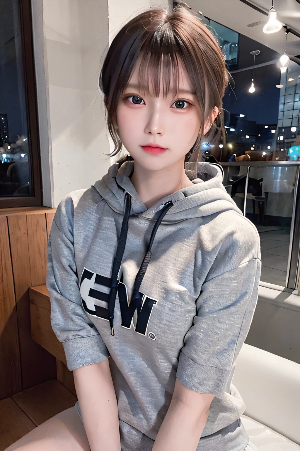 (8K、Raw photography、top-quality、masterpiece:1.2)、(realisitic、Photorealsitic:1.37)、1 girl in、16 only、cute little、adolable、(blue eyess)、(Shy smile:0.4)、(独奏)、详细的脸、oval-face、Thin almond eyes、Black hair straight、Hair over one eye、A slender、medium breasts、Grey sweat hoodie、Dramatic Angle、tilt of the head、fluorescent lamp、Inside the coffee shop、Sitting by the window、small head、(Facing the other side)、teens girl