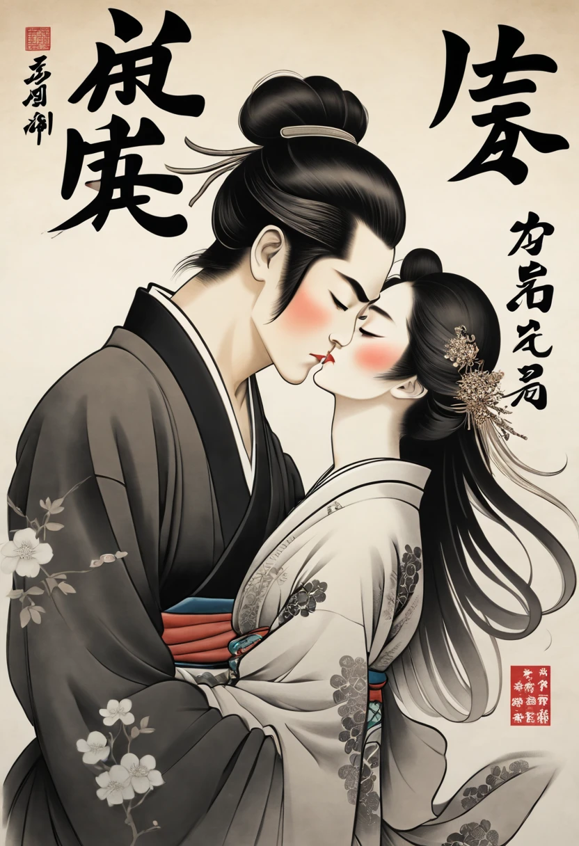 Romantic couple kissing in the wind,filmposter,poster for,charact,Huge eye-catching Chinese text,English text,Close-up of black and white picture in English, Badge with white English lettering, Title in English, English text Chinese characters, English word tattoos and decals, inspired by Gatōken Shunshi, author:Eizo Kato, english text, inspired by Shūbun Tenshō, English Chinese characters
