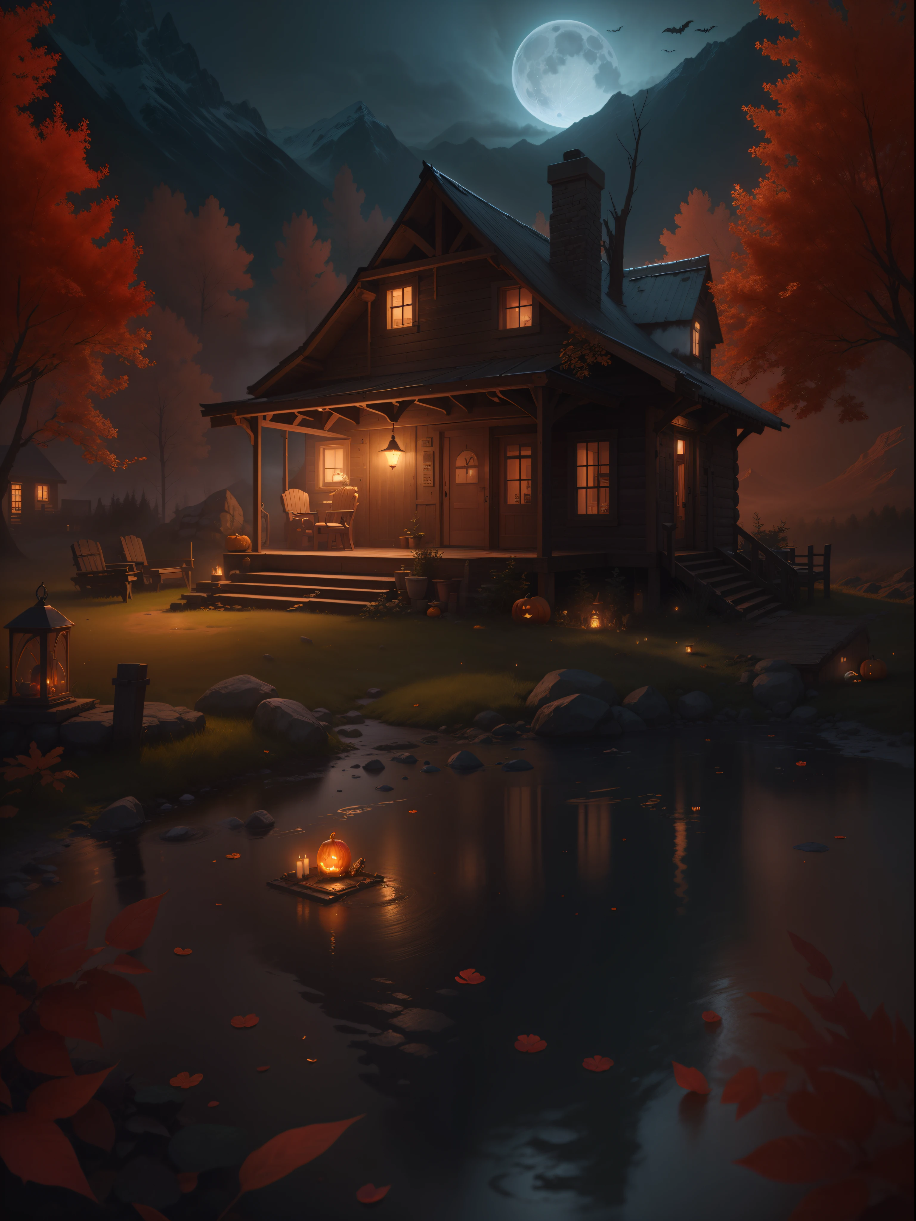 Best quality, masterpiece collection, Mountain cabin, witch enjoying Halloween event, blood moon, cabin on mountain, thick fog, mist on mountain, small water fountain, ultra detailed art, super detailed, 24K Ultra high definition resolution, glowing and shining lit effects, rendered by Nvidia RTX
