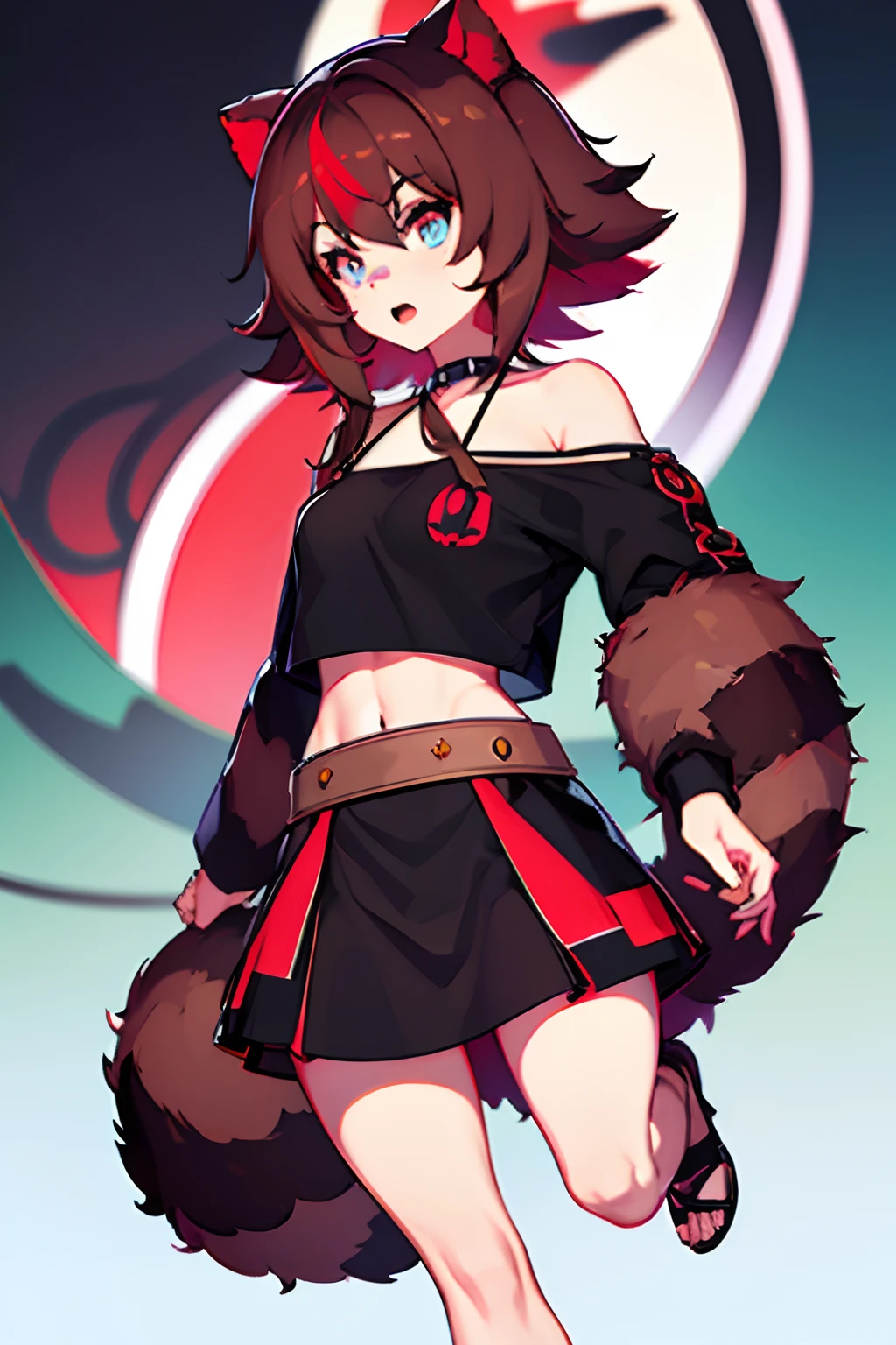 Masterpiece, intrincate, anime style, full body, 1girl, rakkun, racoon girl, racoon ears, 1tail, fluffy tail, racoon tail, brown and light brown ringed tail, tail in line with the back, red inner ears, red inner ear hair, red and blue eyes blurred, short hair, brown hair, a strand of hair on the left side, red hair strips, red tuft on the right side of forehead, short black shirt with an uncovered raccoon insignia on the shoulders and with a black mesh with black borders up to the collar, black and red checkered sleeves at the elbows without joining with the short polo shirt, short red and dark red checkered skirt, black belt around the waist along with two loose silver chains on the right side of the skirt, open mouth , looking at viewer,