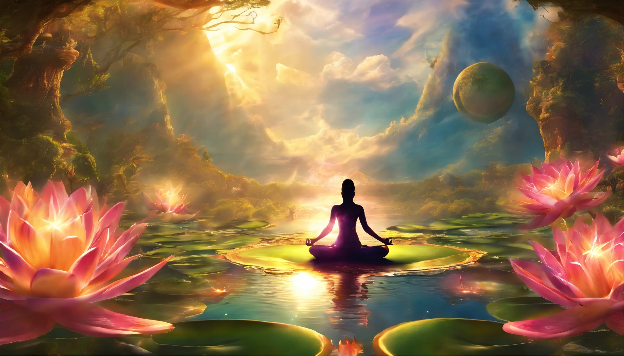 Brilliant light, Yoga location There are 7 chakras around the light spectrum, Vibrante Colorsa Colorslashh Explosion of Colors, Beautiful woman in white dressed sitting on a water lily, complex stuff around, Complicated in the background, spiritual, sacred, dream-like, universe, The heart blows, deity, pineal gland, Same dream, (Highly detailed CG Unity 16k wallpapers:1.1), (Denoising strength: 1.45), (tmasterpiece:1.37), A hyper-realistic, god rays, Ray traching, UHD, Award-Standing