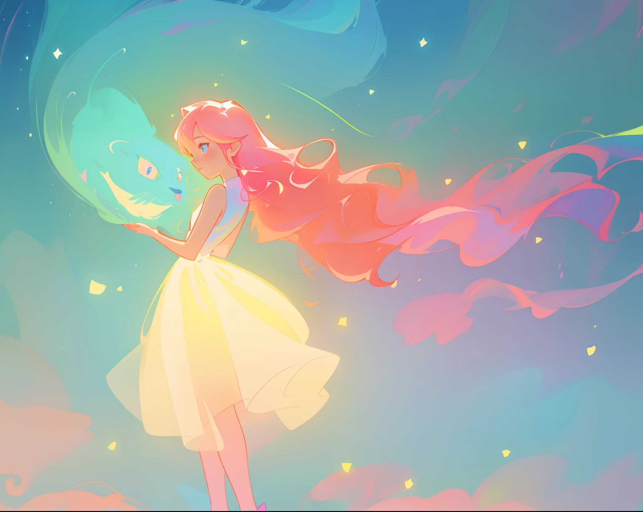 beautiful girl in puffy white tutu dress, vibrant pastel colors, (colorful), magical lights, long flowing colorful pink red hair, inspired by Glen Keane, inspired by Lois van Baarle, disney art style, by Lois van Baarle, glowing aura around her, by Glen Keane, jen bartel, glowing lights! digital painting, flowing glowing hair, glowing flowing hair, beautiful digital illustration, fantasia background, whimsical, magical, fantasy, beautiful face, ((masterpiece, best quality)), intricate details, highly detailed, sharp focus, 8k resolution, sparkling detailed eyes, liquid watercolor