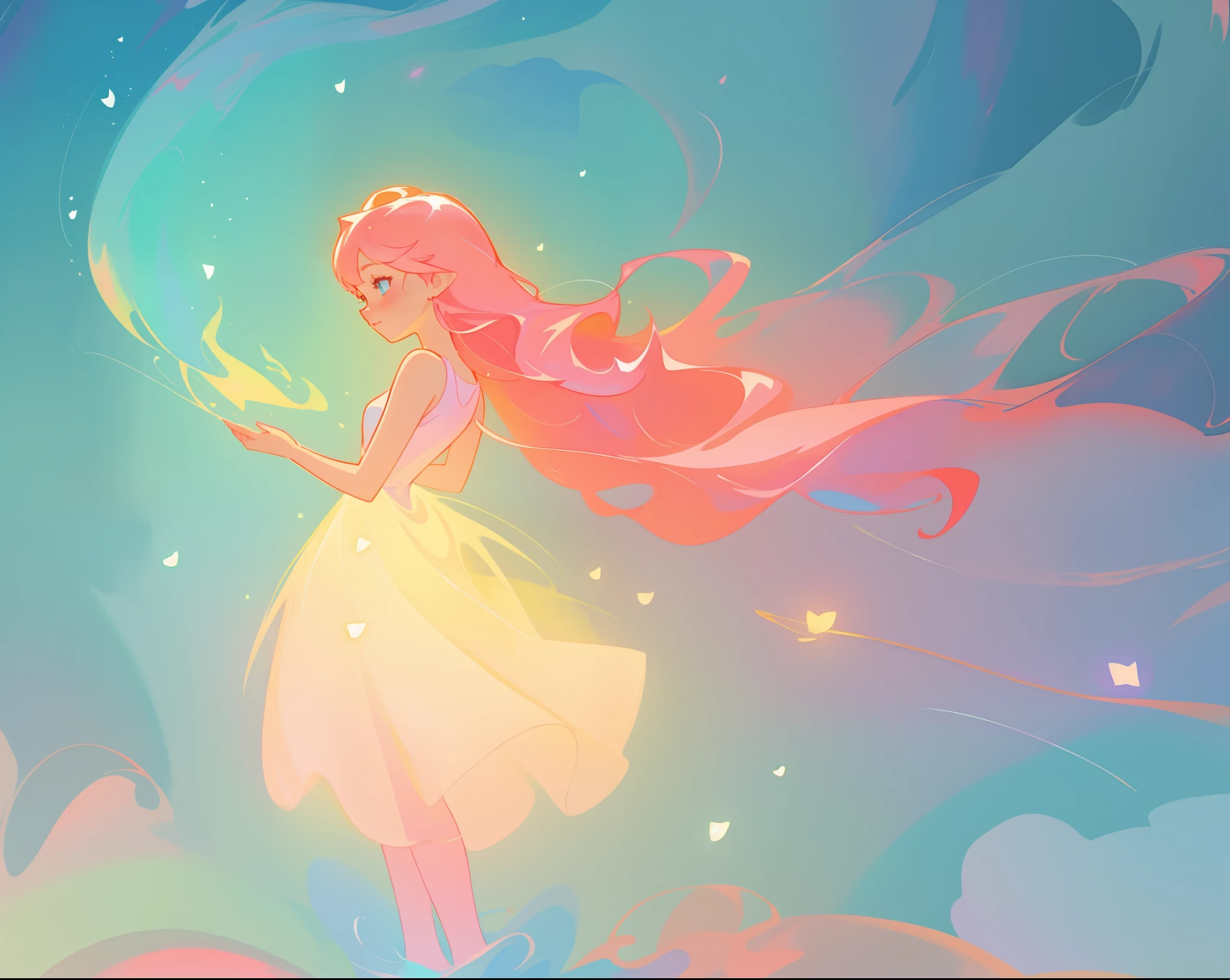beautiful girl in puffy white tutu dress, vibrant pastel colors, (colorful), magical lights, long flowing colorful pink red hair, inspired by Glen Keane, inspired by Lois van Baarle, disney art style, by Lois van Baarle, glowing aura around her, by Glen Keane, jen bartel, glowing lights! digital painting, flowing glowing hair, glowing flowing hair, beautiful digital illustration, fantasia background, whimsical, magical, fantasy, beautiful face, ((masterpiece, best quality)), intricate details, highly detailed, sharp focus, 8k resolution, sparkling detailed eyes, liquid watercolor