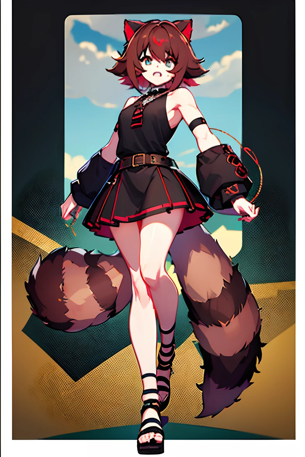 Masterpiece, intrincate, anime style, full body, 1girl, rakkun, racoon girl, racoon ears, 1tail, fluffy tail, racoon tail, brown and light brown ringed tail, tail in line with the back, red inner ears, red inner ear hair, red and blue eyes blurred, short hair, brown hair, a strand of hair on the left side, red hair strips, red tuft on the right side of forehead, short black shirt with an uncovered raccoon insignia on the shoulders and with a black mesh with black borders up to the collar, black and red checkered sleeves at the elbows without joining with the short polo shirt, short red and dark red checkered skirt, black belt around the waist along with two loose silver chains on the right side of the skirt, open mouth , looking at viewer,