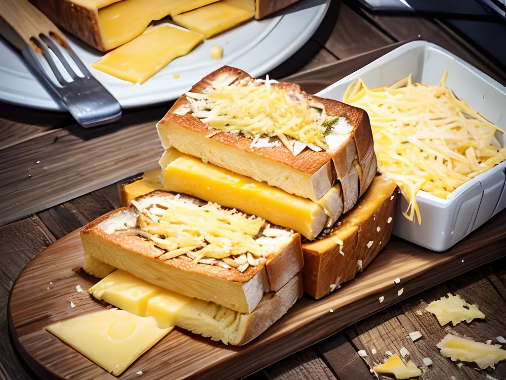 Bread toast, ((cheese shred)), cheese